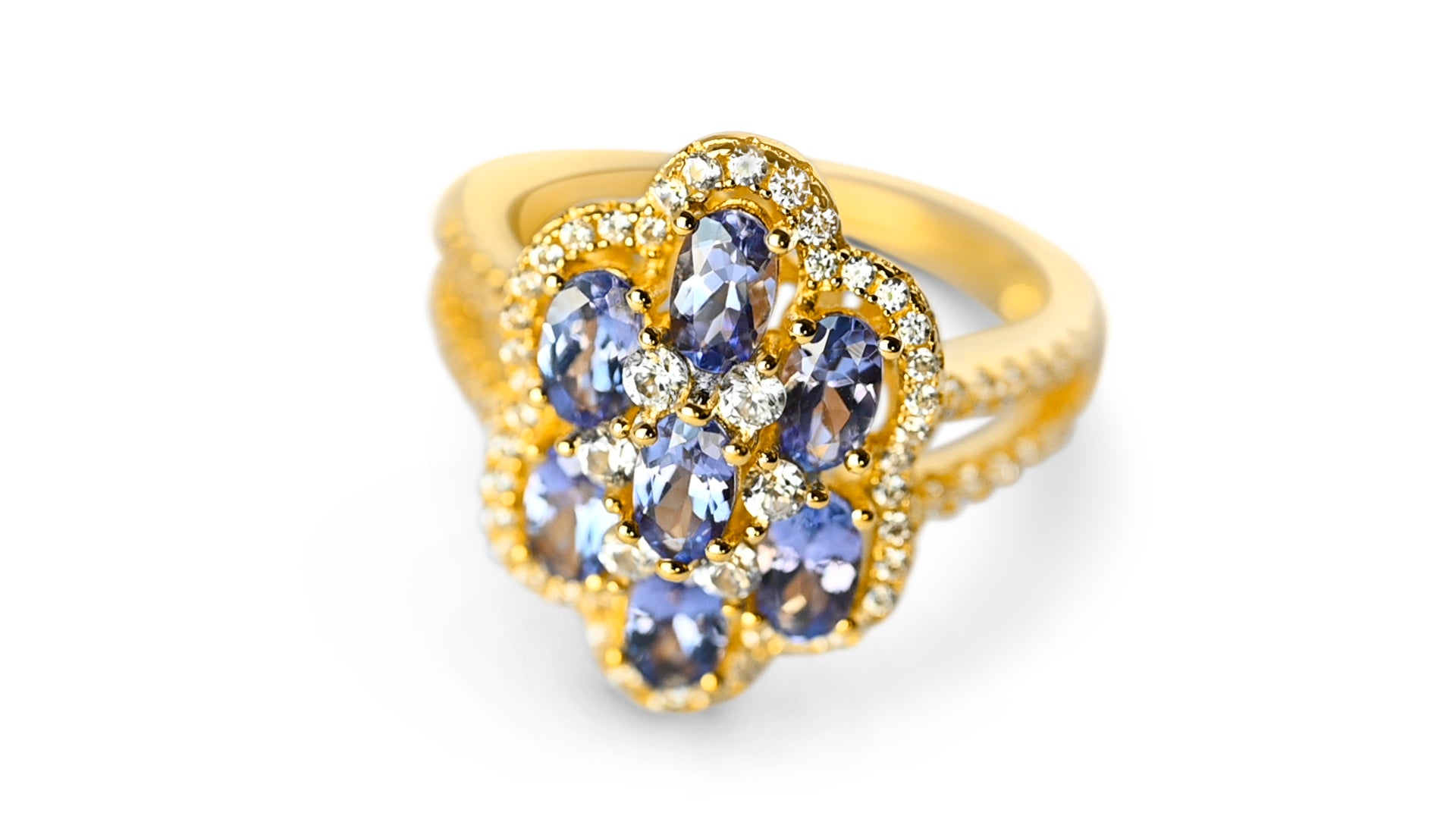 7 Stone 1.61ct Oval Tanzanite Ring | 925 Sterling Silver | 18K Yellow Gold Plated (GTL19690R)